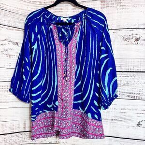 Britt Ryan top womens size‎ Large silk Tencel blend zebra tunic Tassels Spring